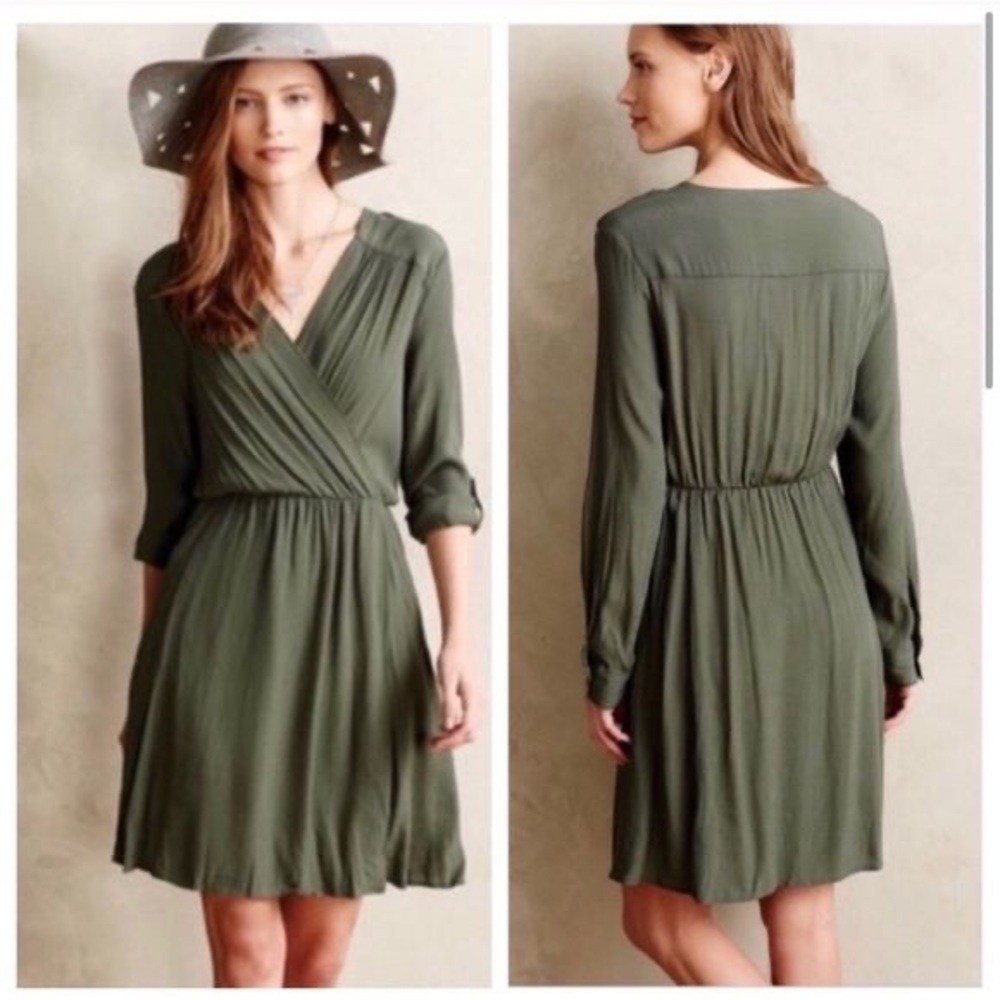 Anthropologie Maeve Green Lene Faux Wrap Long Sleeve Knee Length Dress